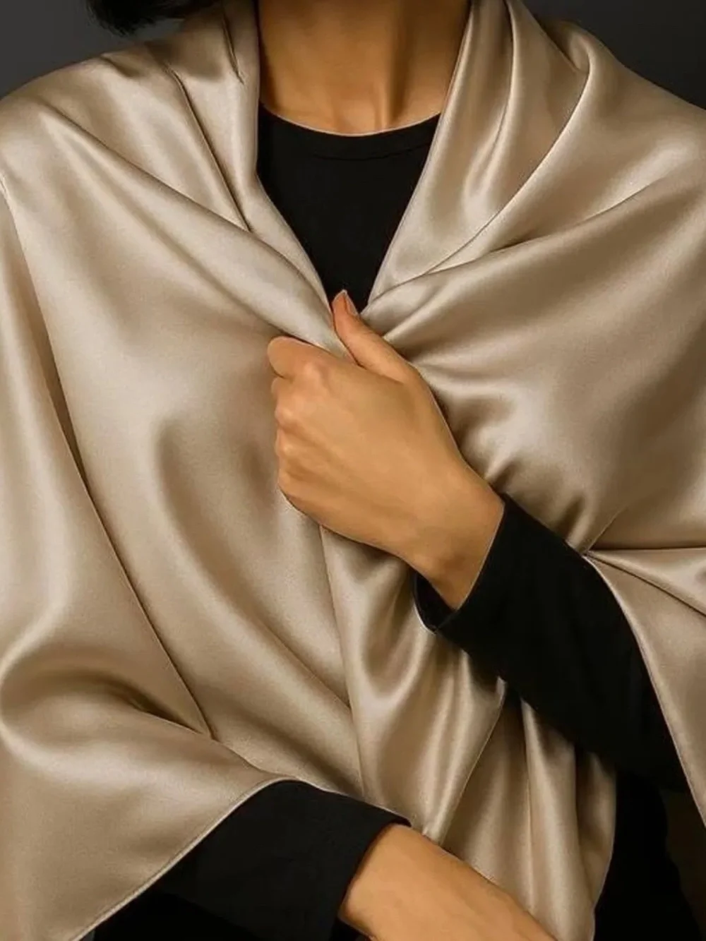 100% SILK SATIN Champagne Large Shawl Scarf Taupe Wedding Cover Up Evening Wrap